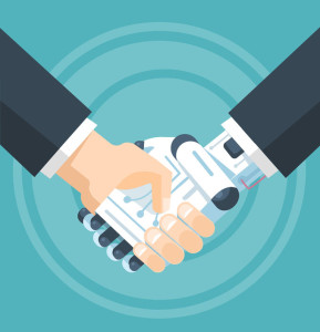50941115 - businessman and robot handshake. vector flat illustration